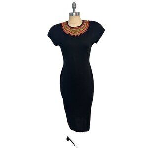 Theomiles Black Dress With Red & Gold Beaded Embellished Collar Medium